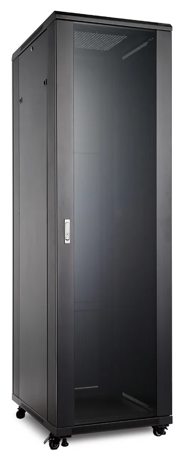 GN network cabinet, black RAL 9005, tinted tempered-glass front door, on castors